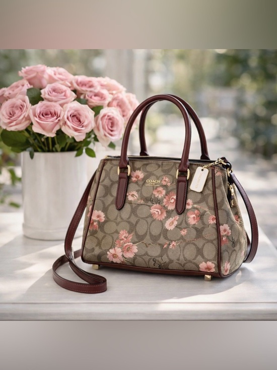 Coach Handbags - COACH Brown Signature Floral Satchel with Pink Accents